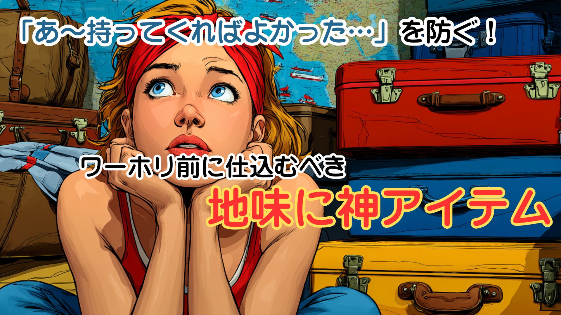 持ち物に迷う女性旅人